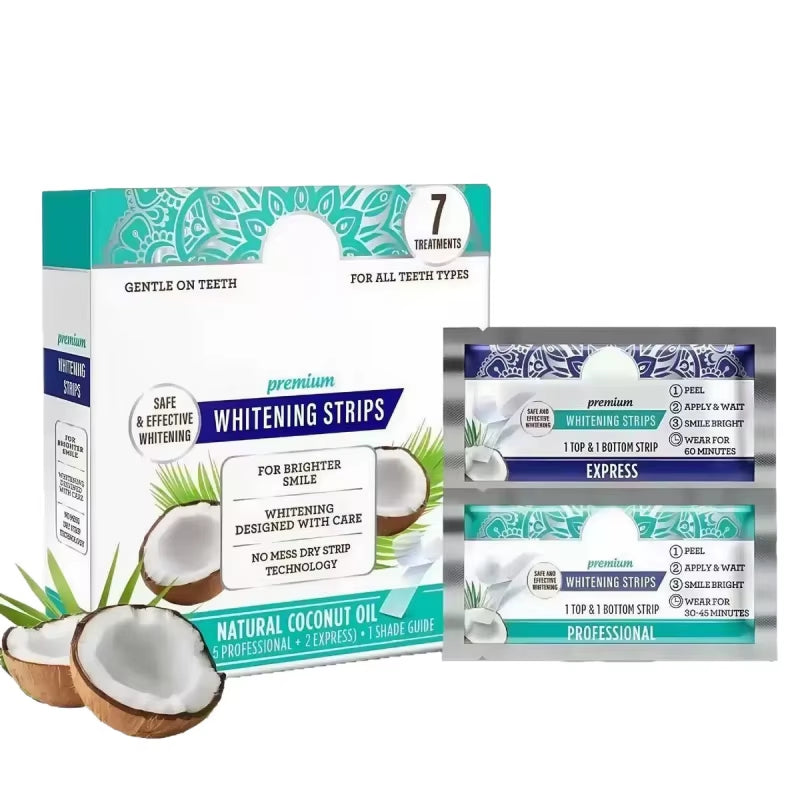 Coconut Oil Whitening Strips 7 Day Treatment 7 Strips per Pack Enamel Safe for Sensitive Teeth Non Slip Stain Removal At-Home