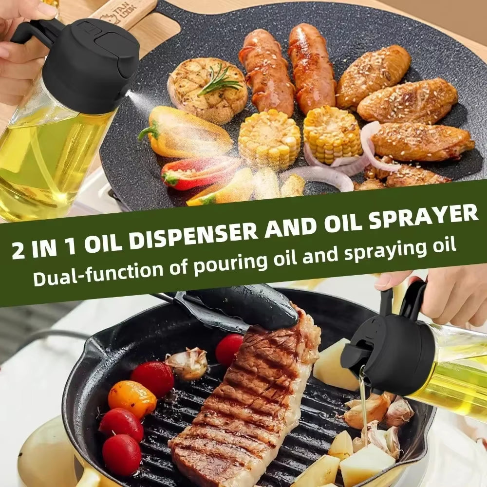 1-2PCS 2In1 Olive Oil Dispenser Bottle 500Ml Plastic Oil Sprayer Cooking Oil Spray Tank BBQ Baking Picnic Kitchen Tools for Home